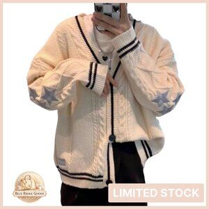 Oversized V-Neck Cardigan Star Embroidery Chunky Knit Loose Fit Y2K
